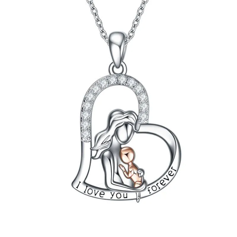 Collana con zirconi cubici bicolore in argento sterling con incisione a forma di cuore per madre e figlia, per donna