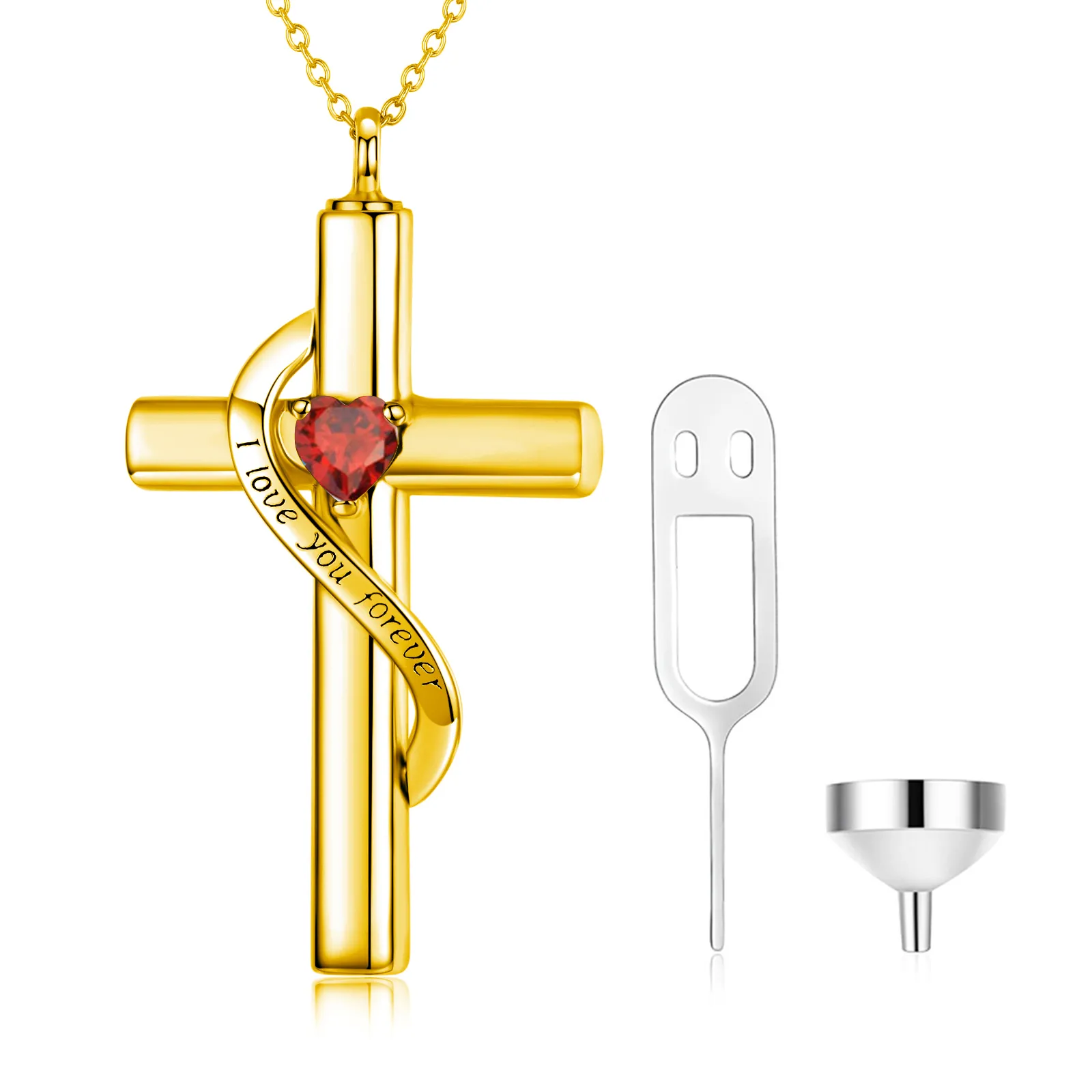 Collana in oro 14 carati con urna a forma di cuore e croce per le ceneri con pietra portafortuna di luglio e scritta "Ti amo per sempre" incisa.
