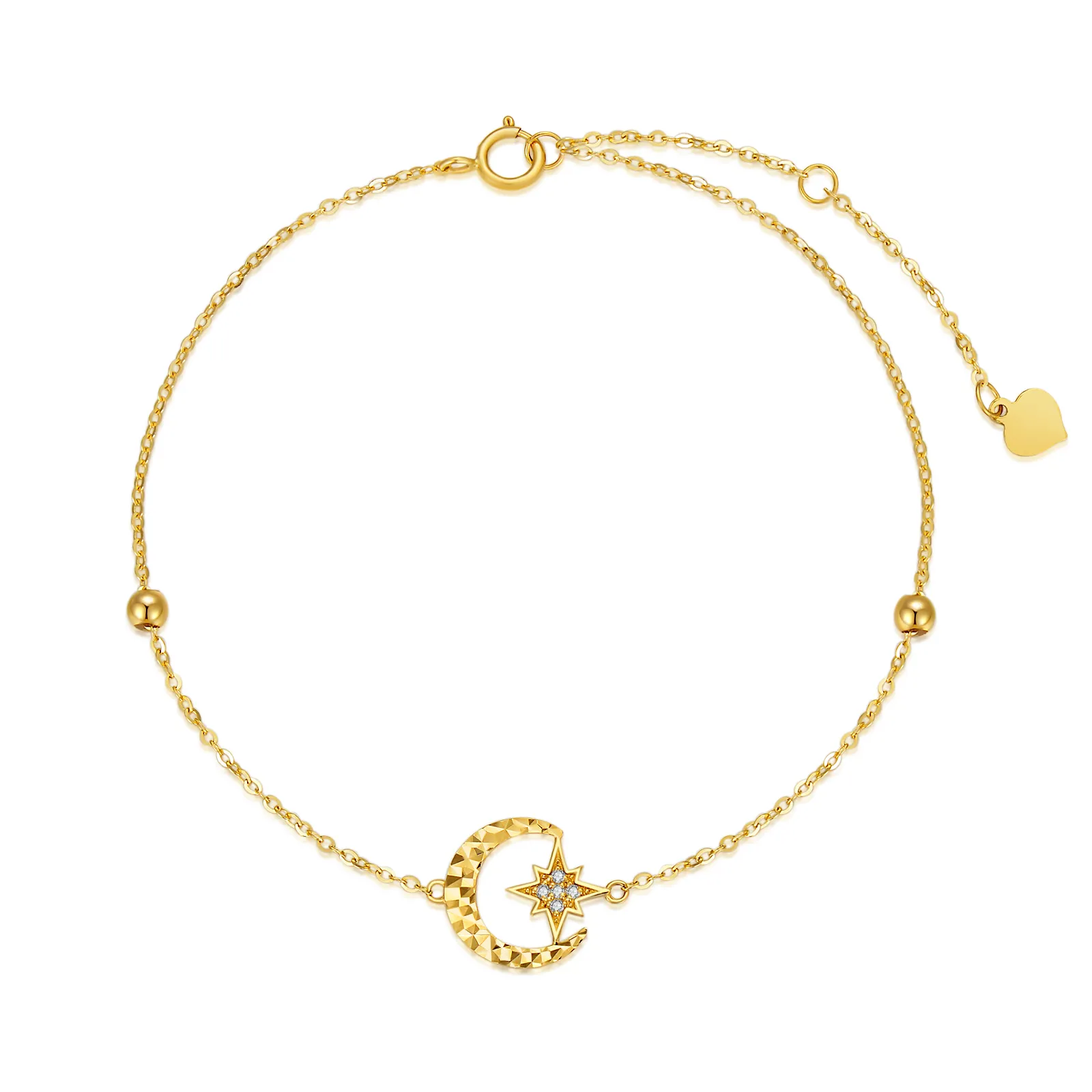 Bracciale con ciondolo a forma di stella e luna con perline di zirconia cubica in oro 10K