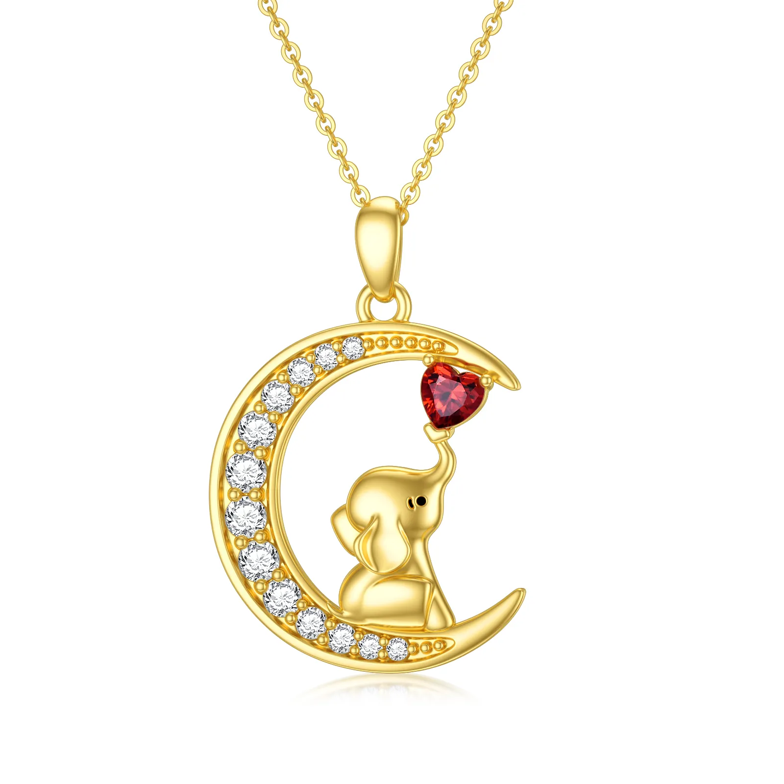 Collana con ciondolo a forma di cuore in moissanite a forma di elefante e luna in oro 10 carati
