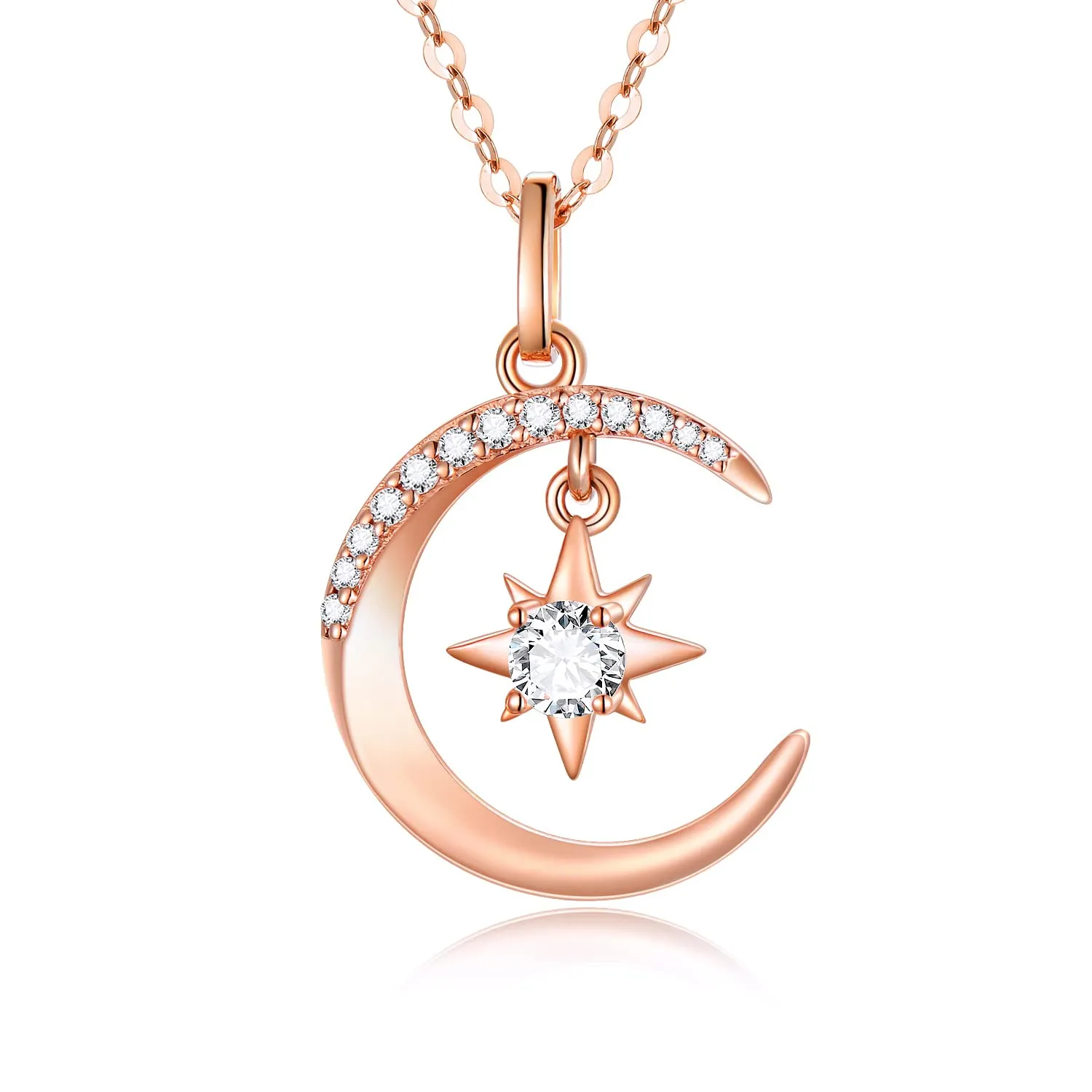 Collana con ciondolo in oro 10K con luna e pentagramma in moissanite