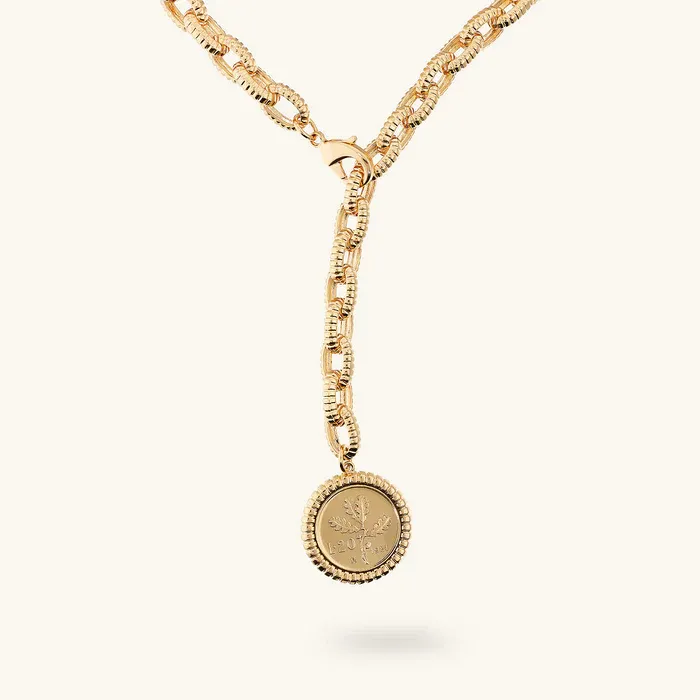 Collana Donna Etrusca Maglie Ovali Texture Rigata con Ciondolo Moneta