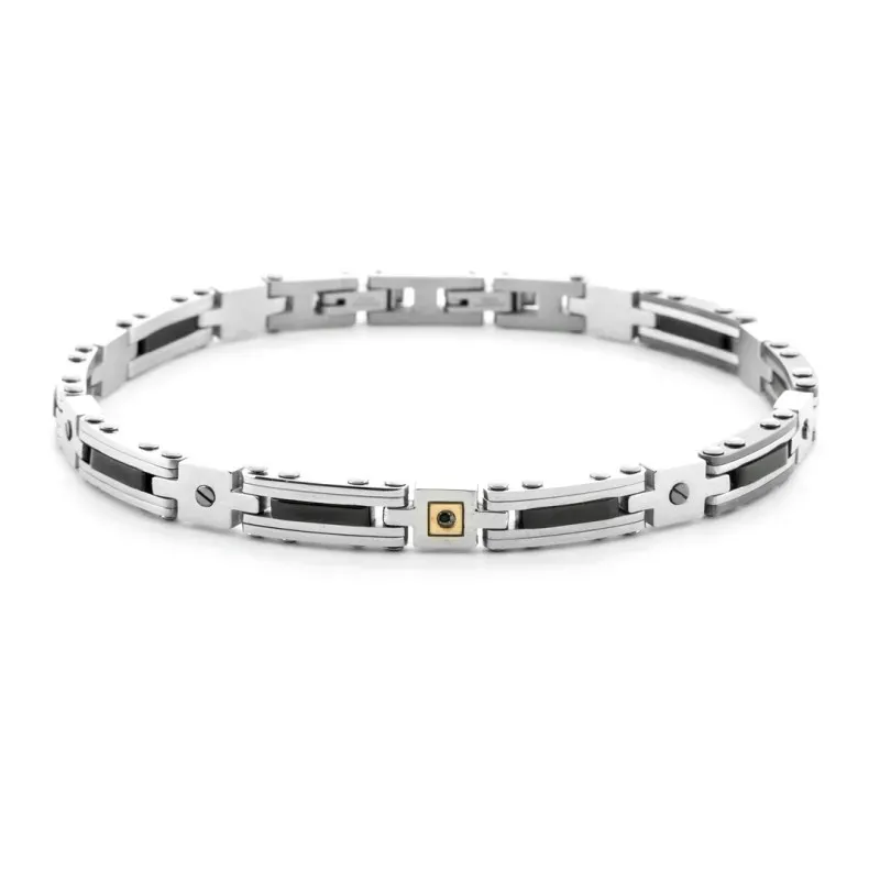 Bracciale Uomo Paciotti in Acciaio, Ceramica Nera, Elementi in Oro 18 Kt E Spinelli Neri