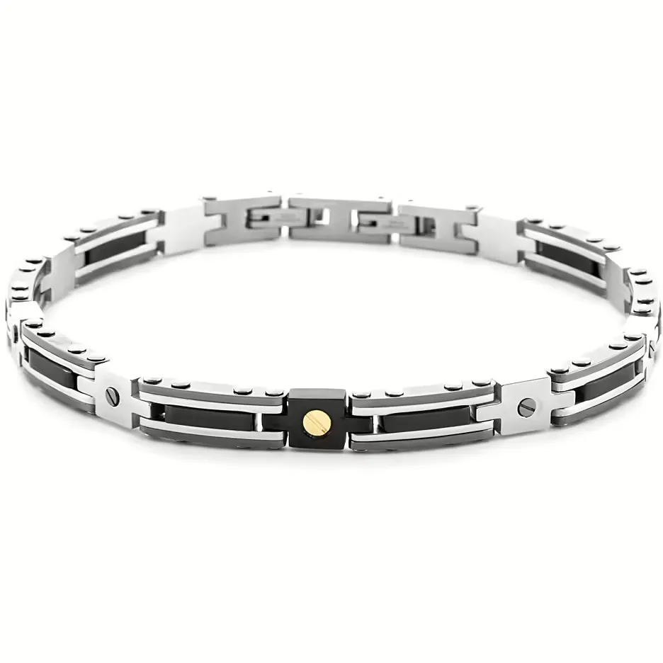 Bracciale Uomo Paciotti in Acciaio Pvd Nero, Elementi in Oro 18 Kt E Spinelli Neri
