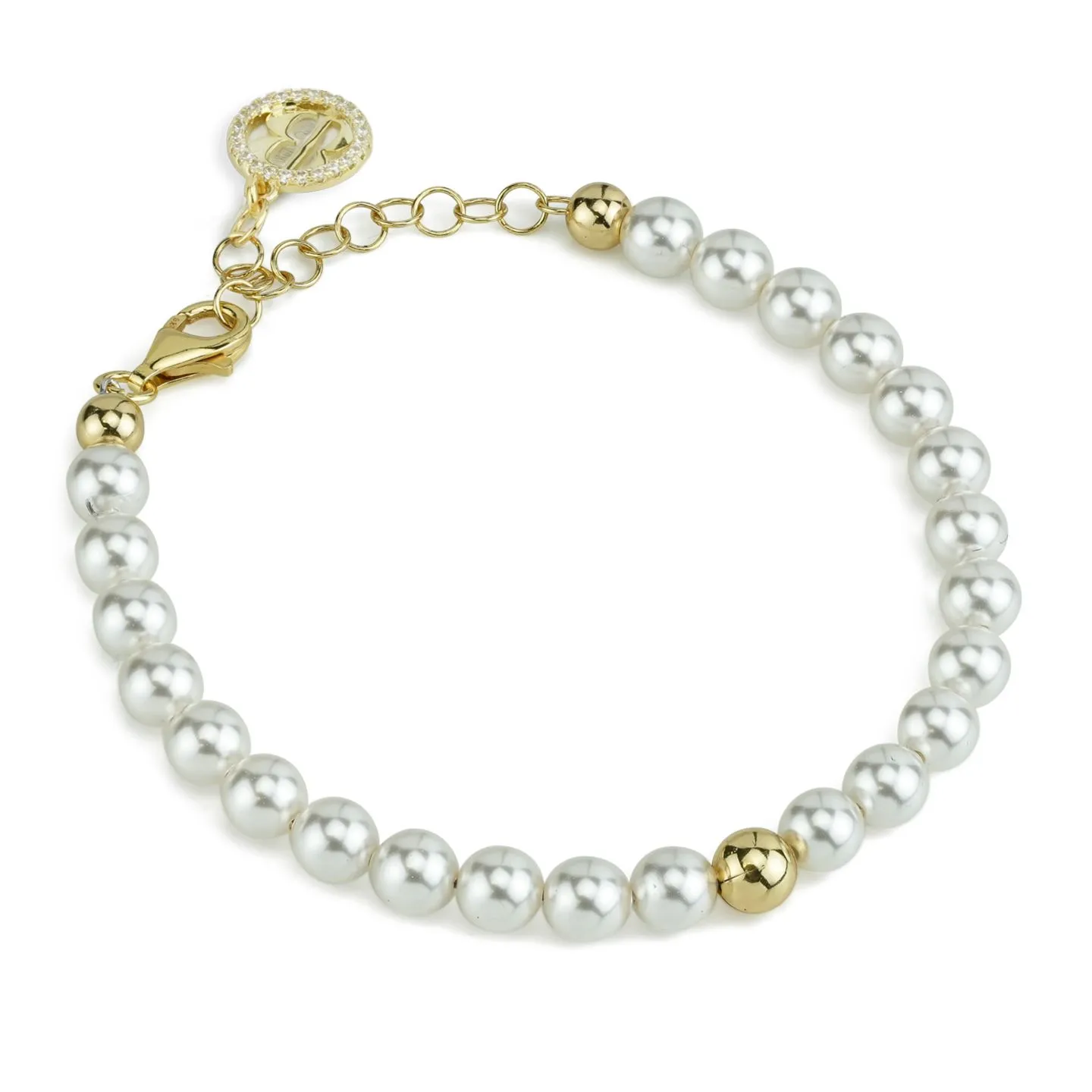 Bracciale Donna Boccadamo in Argento Placcato Oro Giallo con Filo di Perle Medie e Boule Centrale