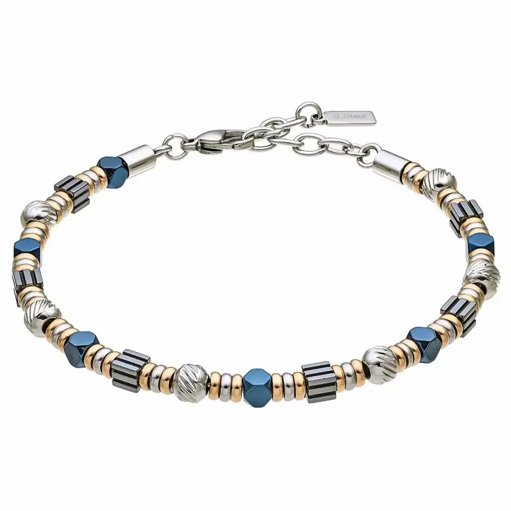 Bracciale Uomo Zancan Hi-Teck in Acciaio con Pietre Dure Blu e Cilindri Dorati