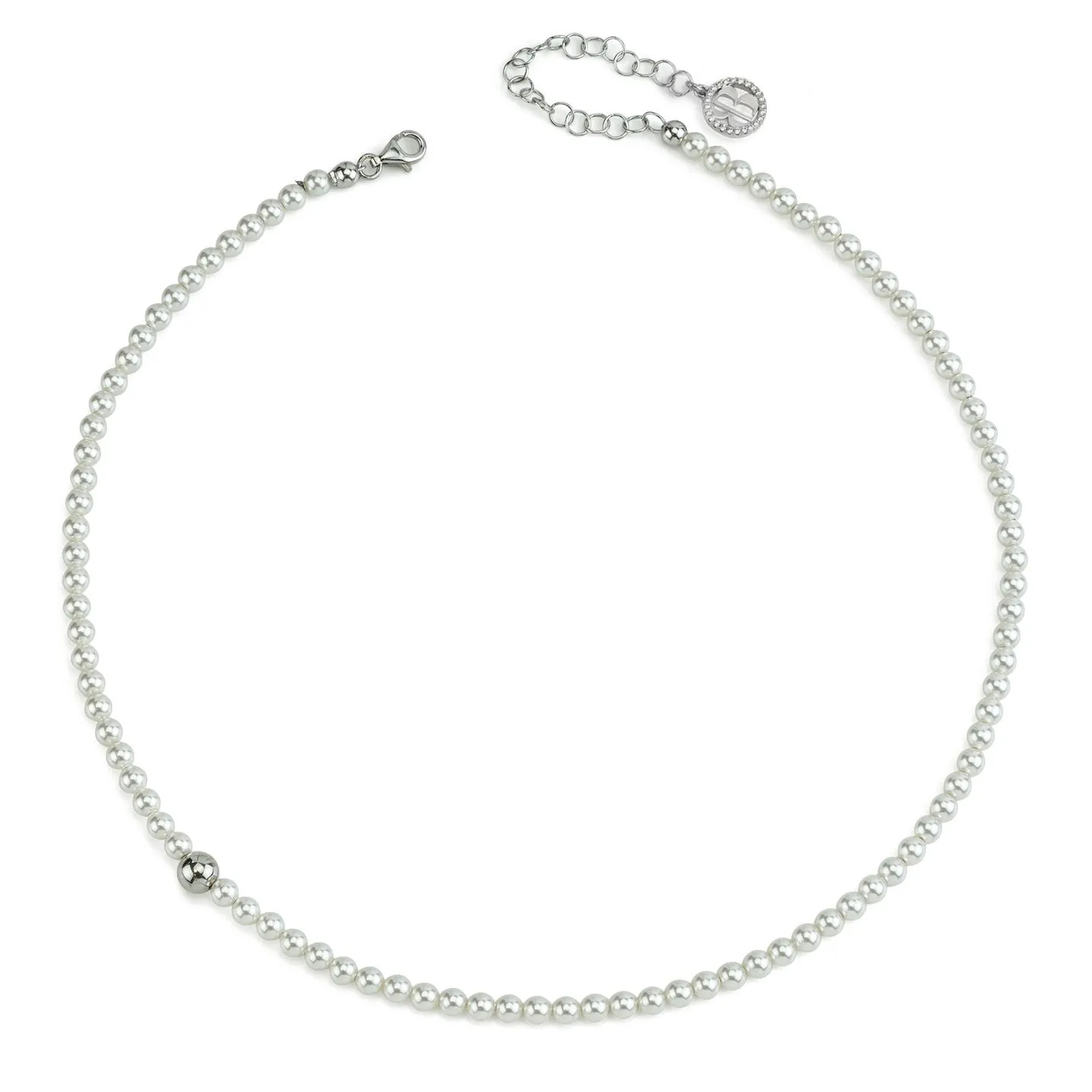 Collana Donna Boccadamo in Argento Rodiato con Filo di Perle Piccole e Boule Laterale