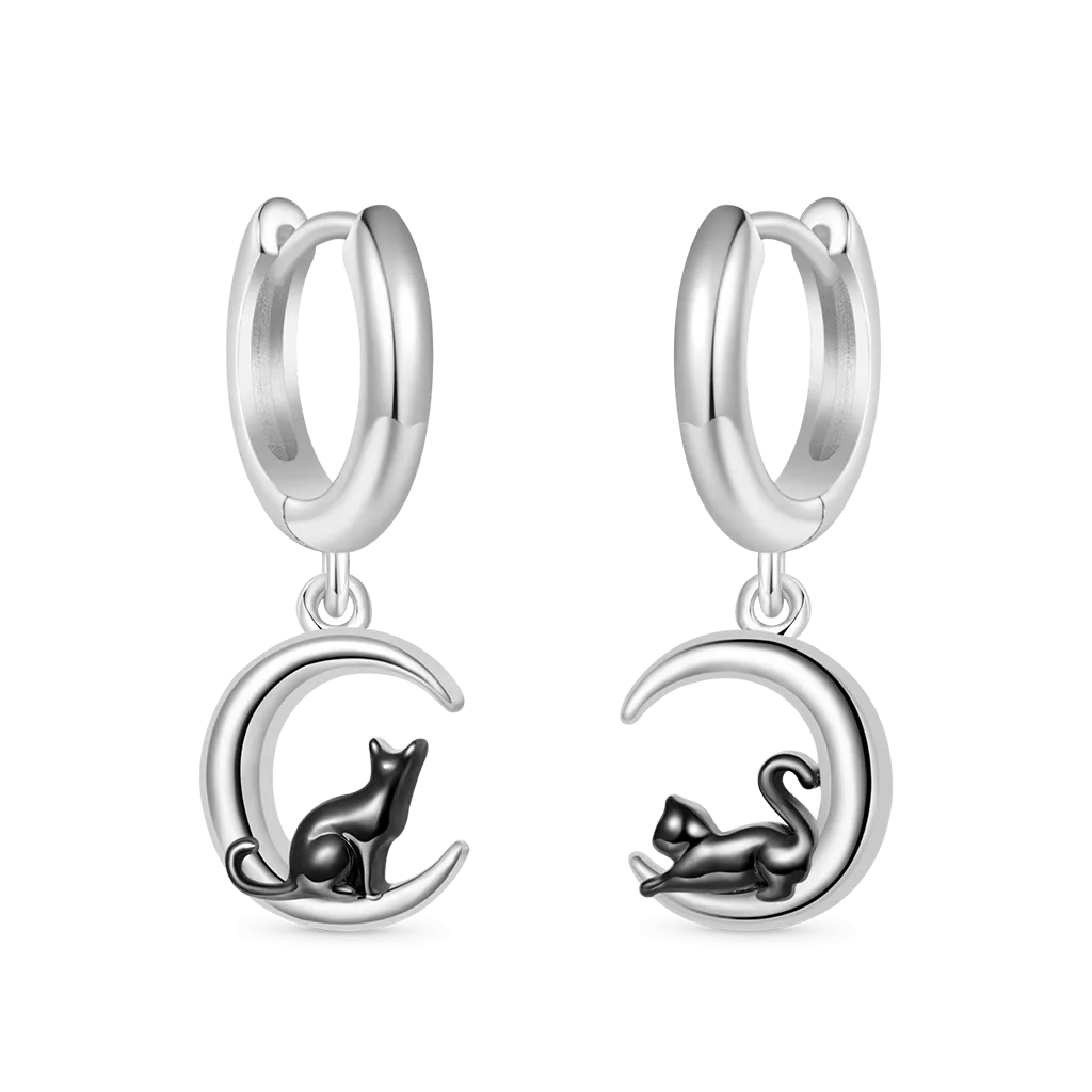 Gnoce Orecchini a Cerchio Asimmetrici Luna e Gatto Nero