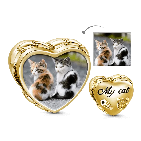 Gnoce "Gatto Ama I Pesci" Foto Charm a Forma di Cuore Placcato Oro 18K