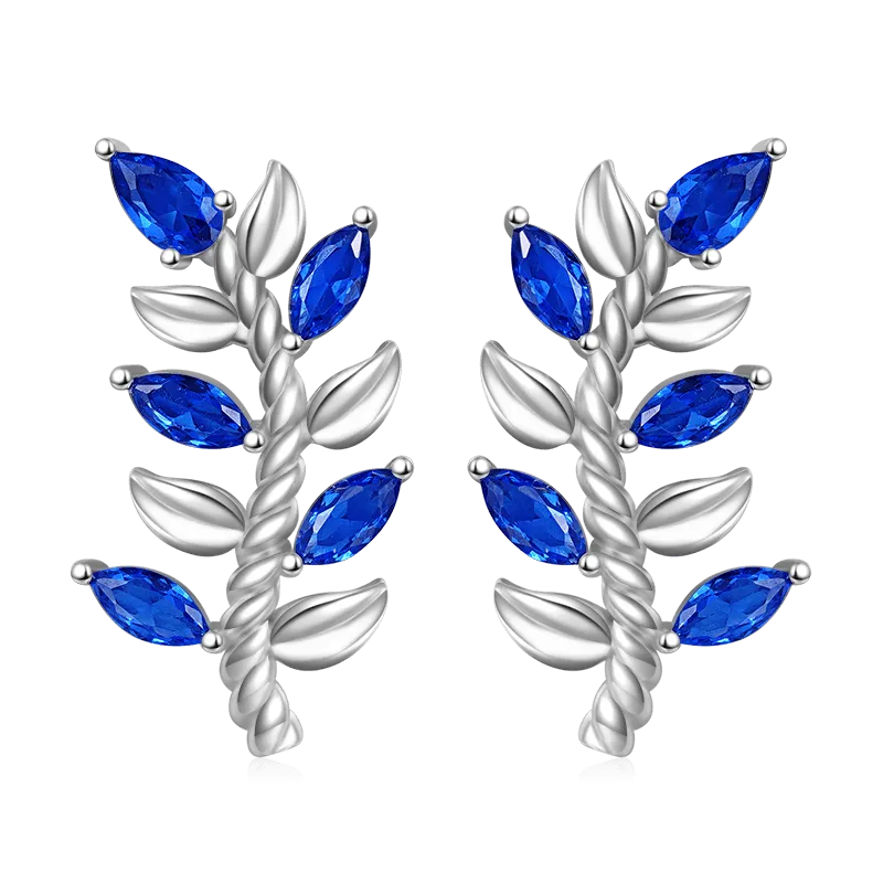 Gnoce Orecchini Stud Foglia e Stelo con Gemme Blu