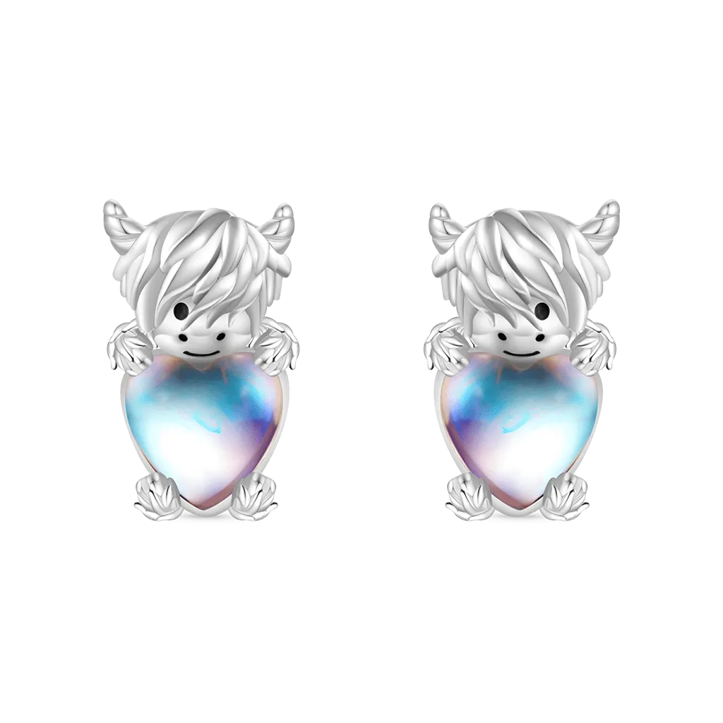 Gnoce Orecchini Mucca Highland Abbraccia una Pietra di Luna