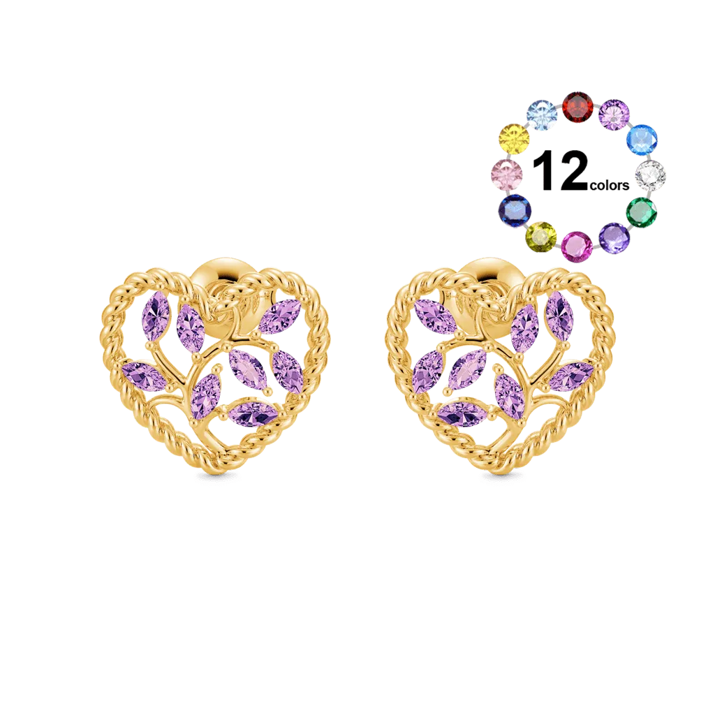 Gnoce Orecchini Stud Cuore con Foglia d'Olivo Annodata e Gemme Marquise