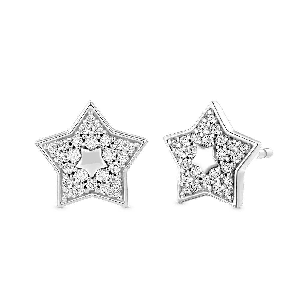 Gnoce Orecchini a Bottone a Stella con Topazio Bianco Pavé