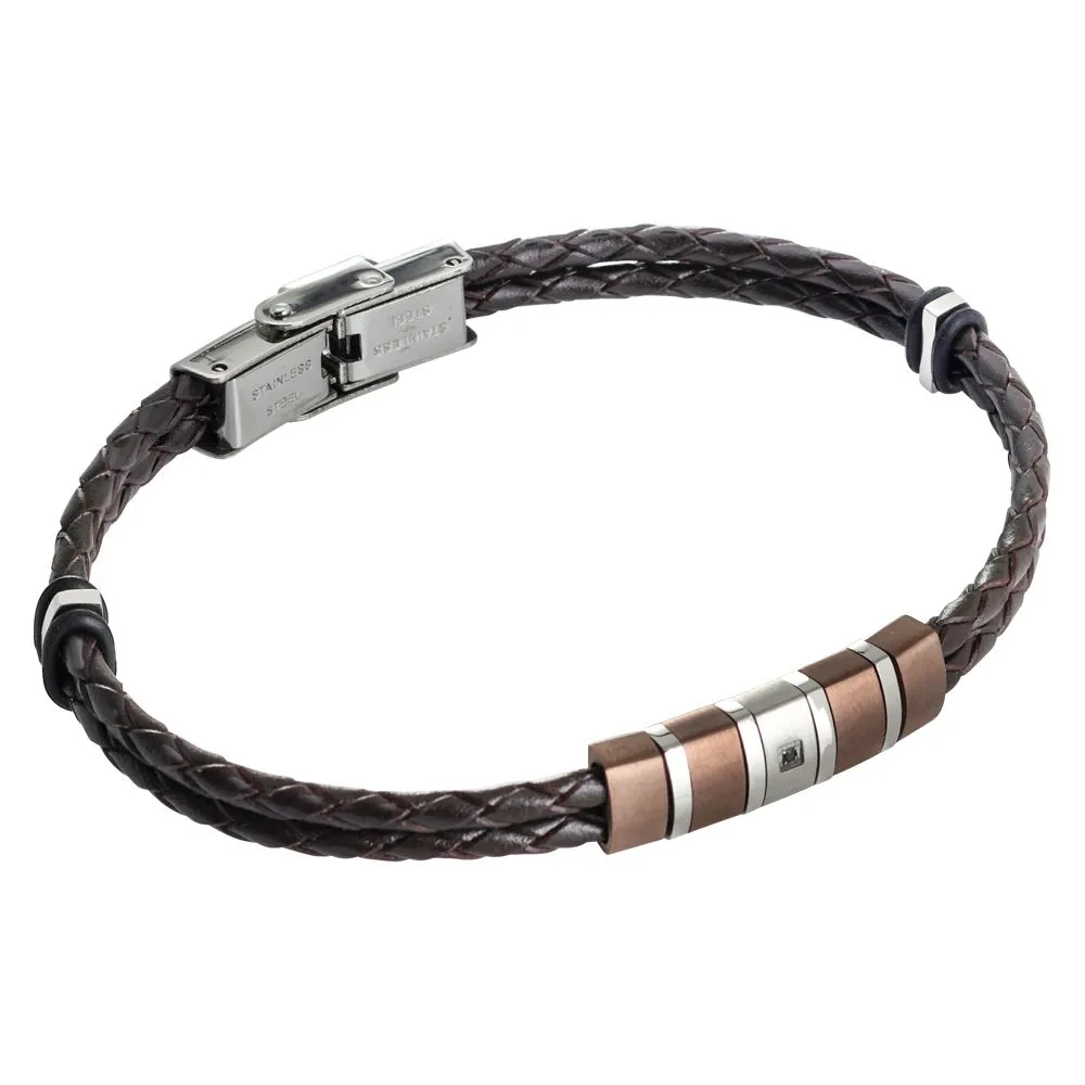 Bracciale a due fili in similpelle marrone e zircone