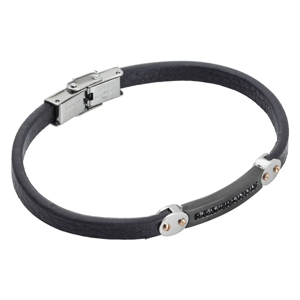 Bracciale in similpelle nera e fila di zirconi centrale