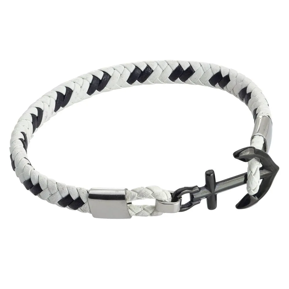 Bracciale in similpelle bianca e nera con ancora