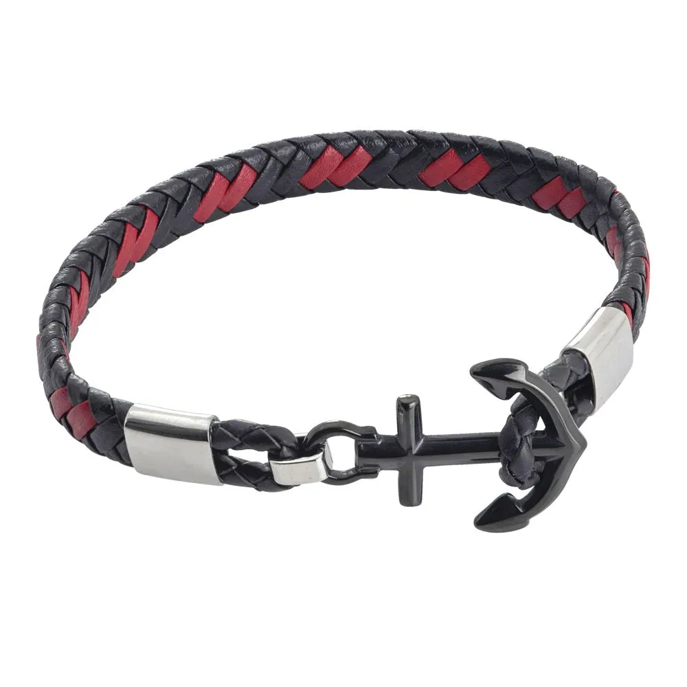 Bracciale in similpelle nera e rossa con ancora