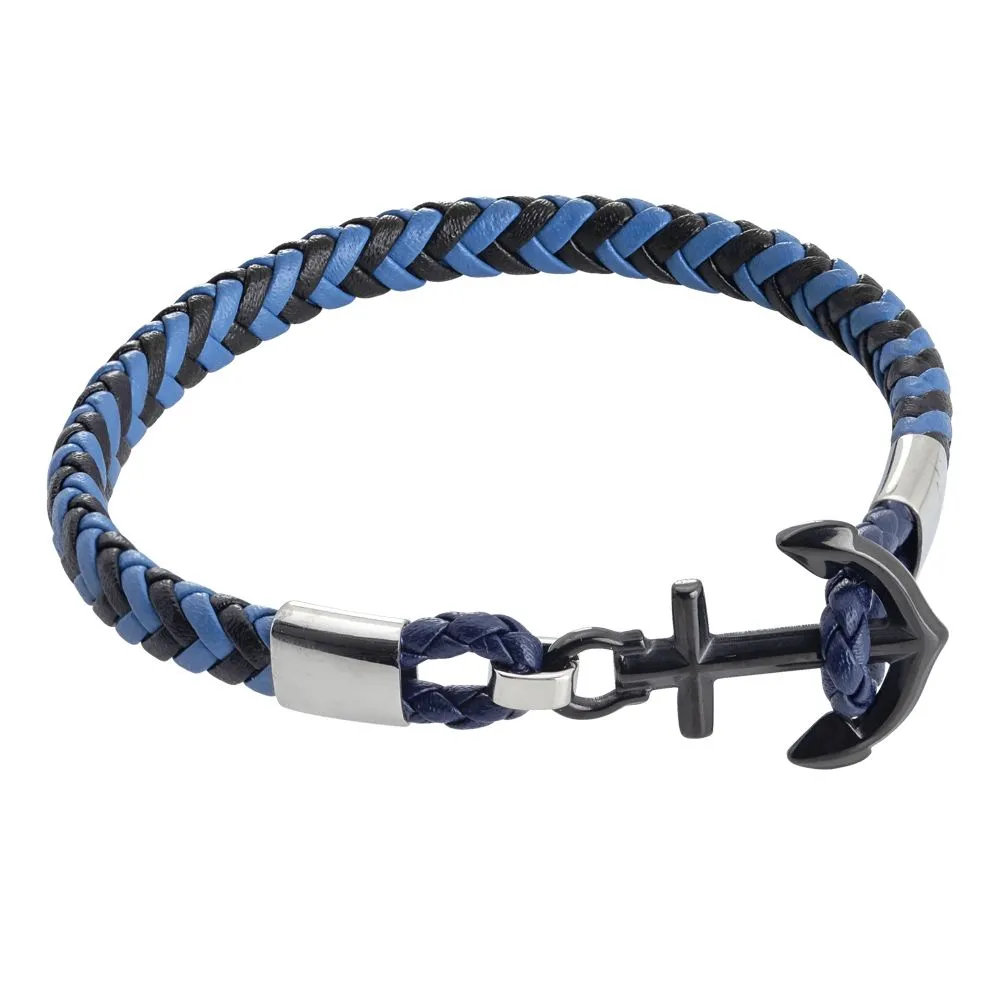 Bracciale in similpelle blu e nera con ancora