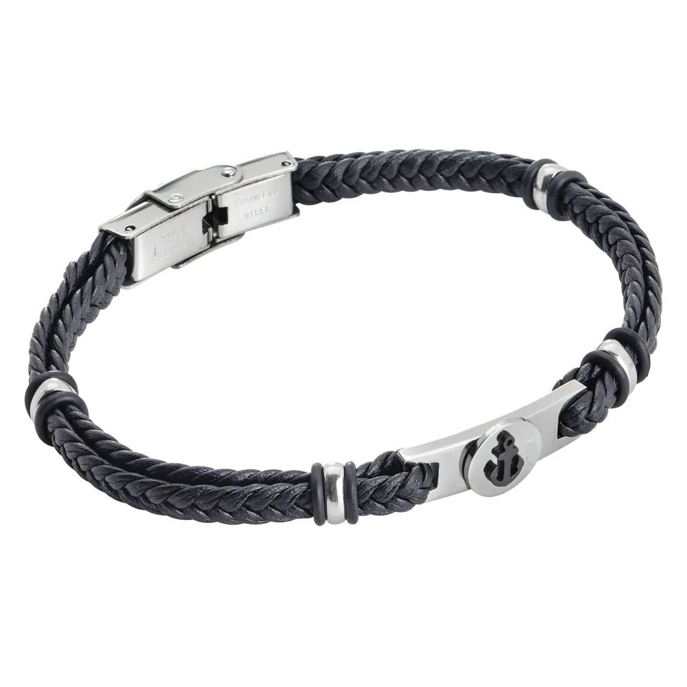 Bracciale in similpelle nera con ancora in pvd rosato