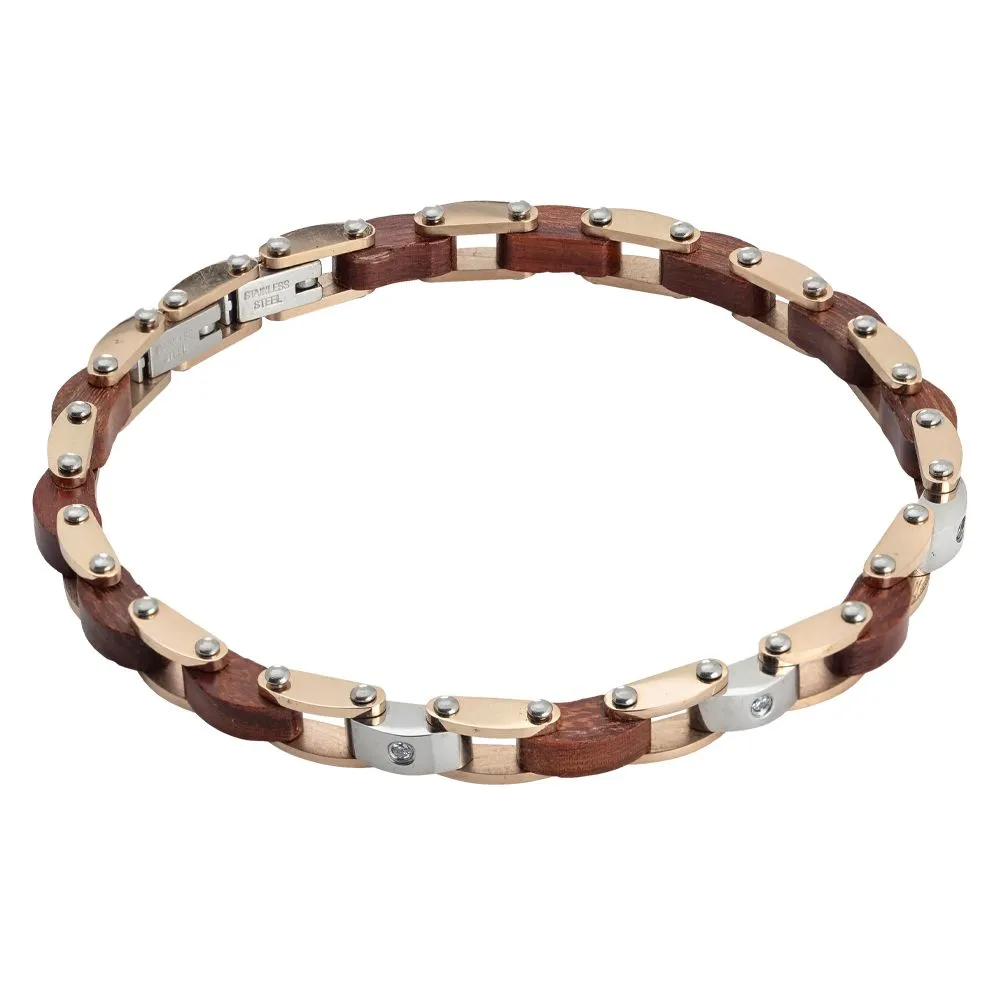 Bracciale a maglie in acciaio bicolor, legno e zirconi