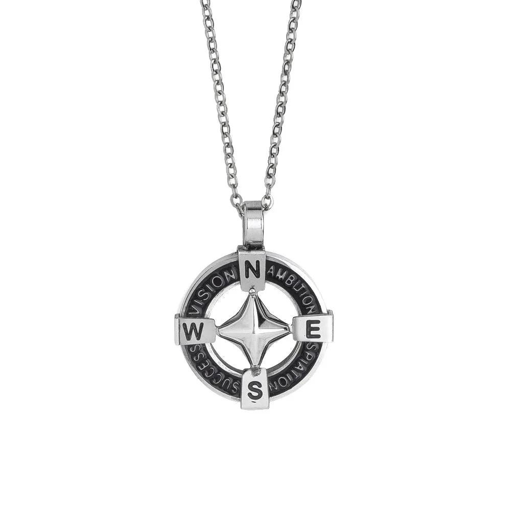 Collana in acciaio con pendente circolare in pvd e rosa dei venti