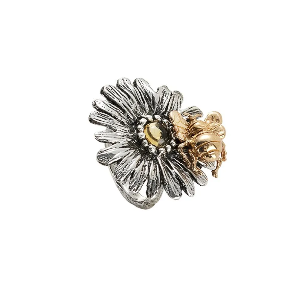 Anello margherita in argento brunito e ape dorata