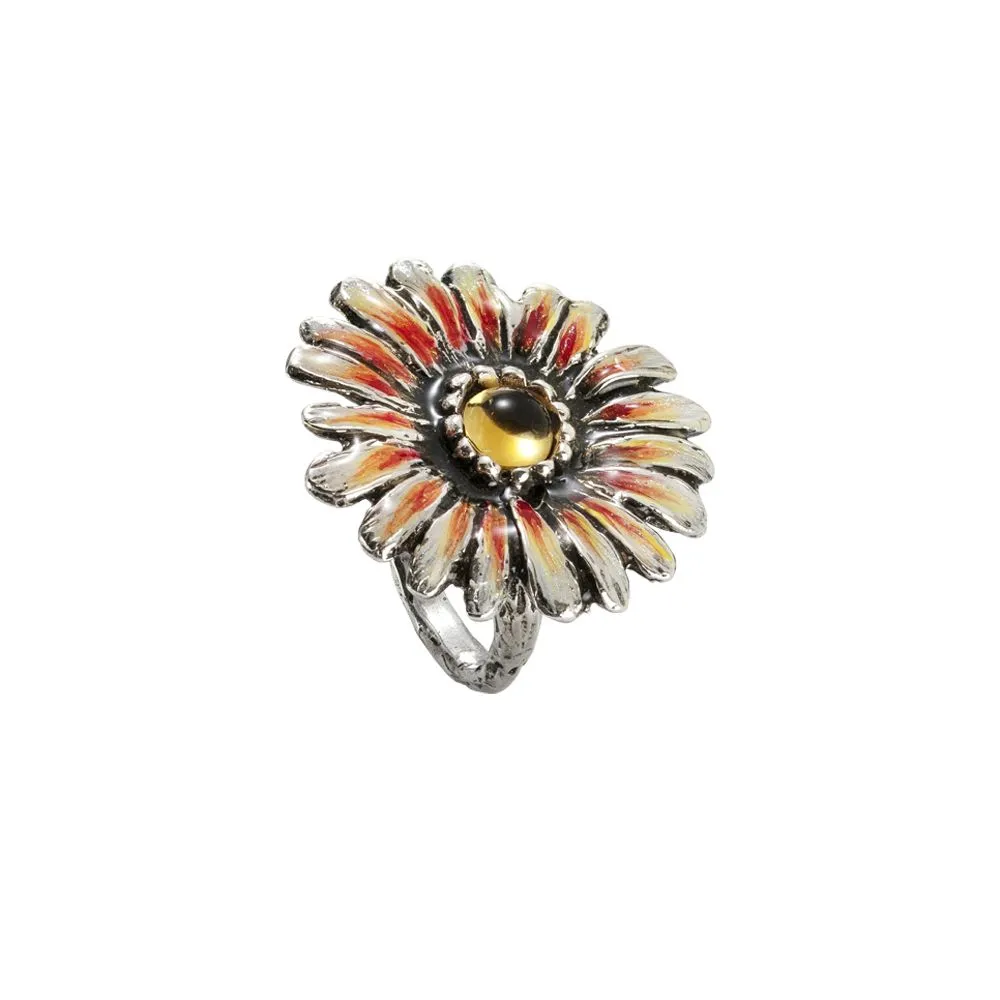 Anello margherita in argento brunito dipinto a mano