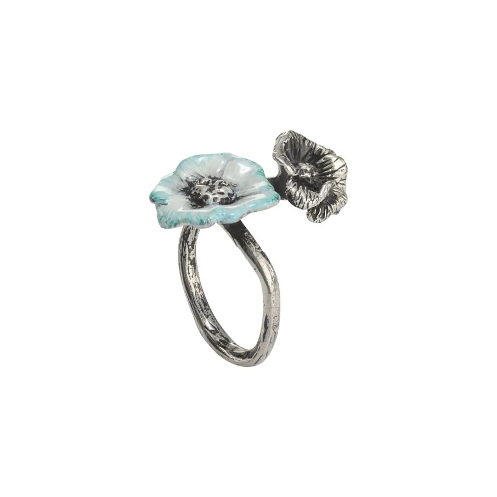 Anello contrariè in argento brunito con fiori di ciliegio