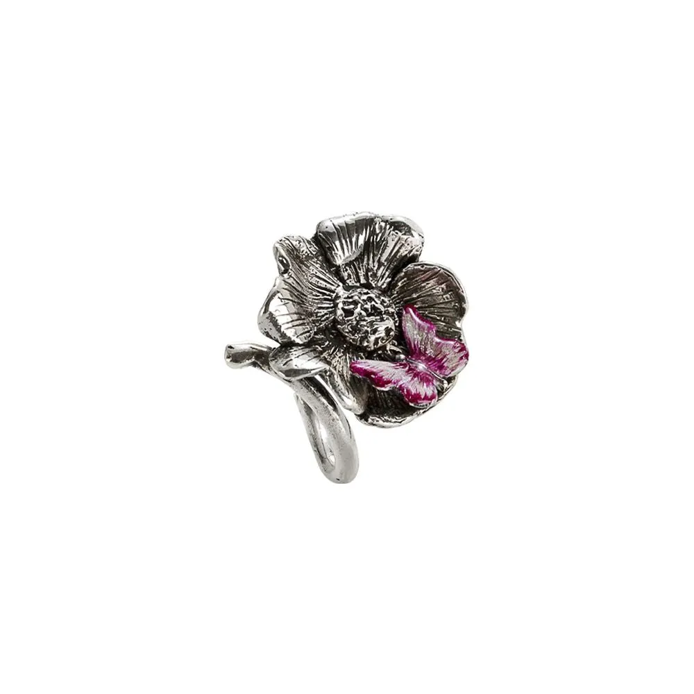 Anello contrariè in argento brunito con fiore di ciliegio fuscia e bianco perlato