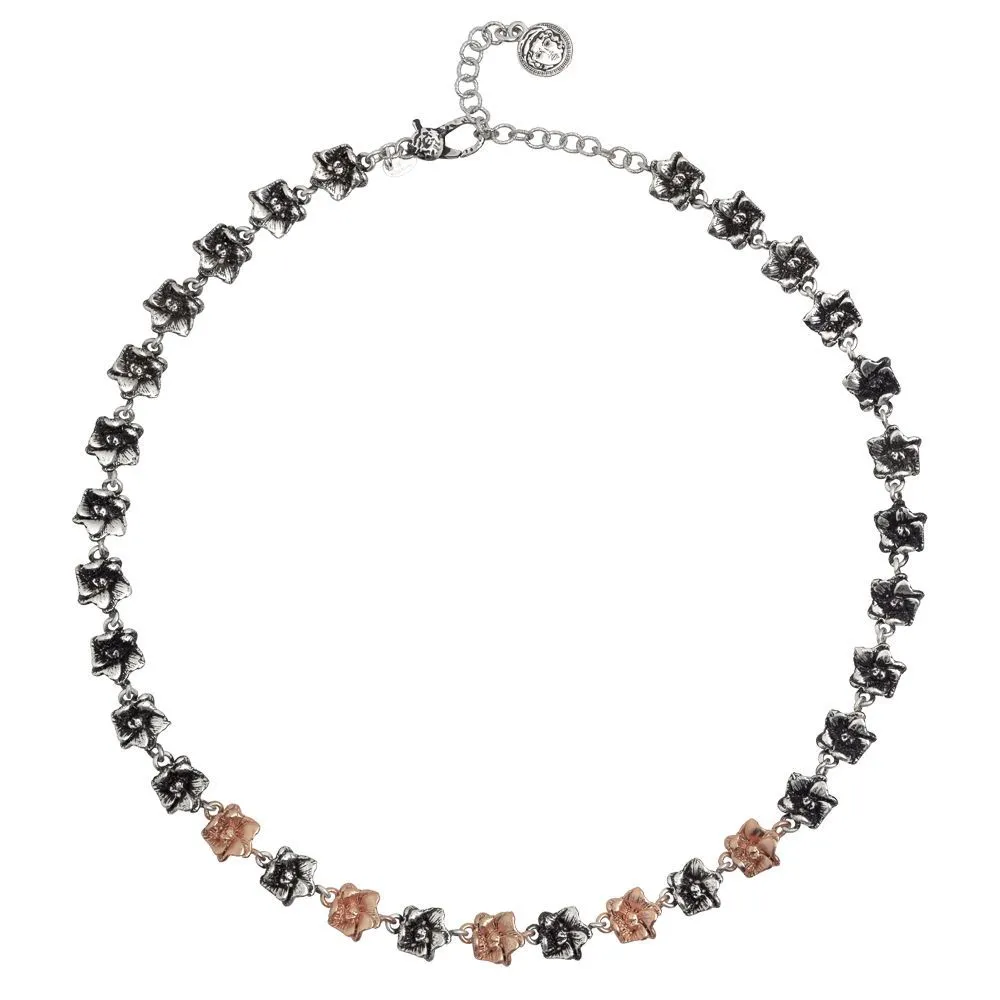Collana con fiori di ciliegio in argento brunito e placcati oro rosa