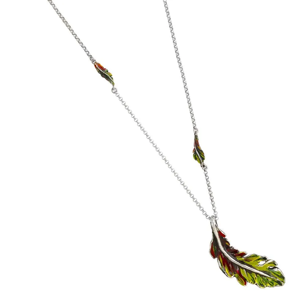 Collana in argento brunito e foglie piuma dipinte di verde