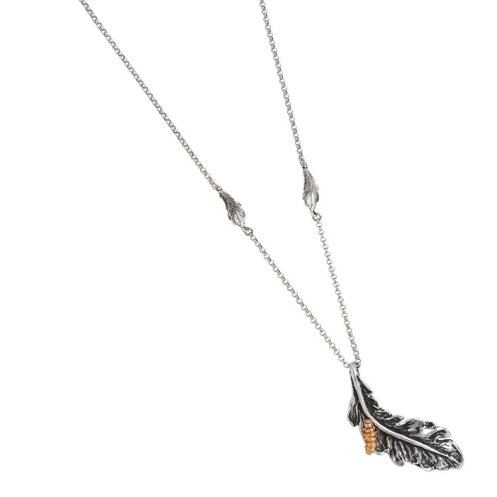 Collana in argento brunito con foglie piuma brunite e bruco placcato oro rosa