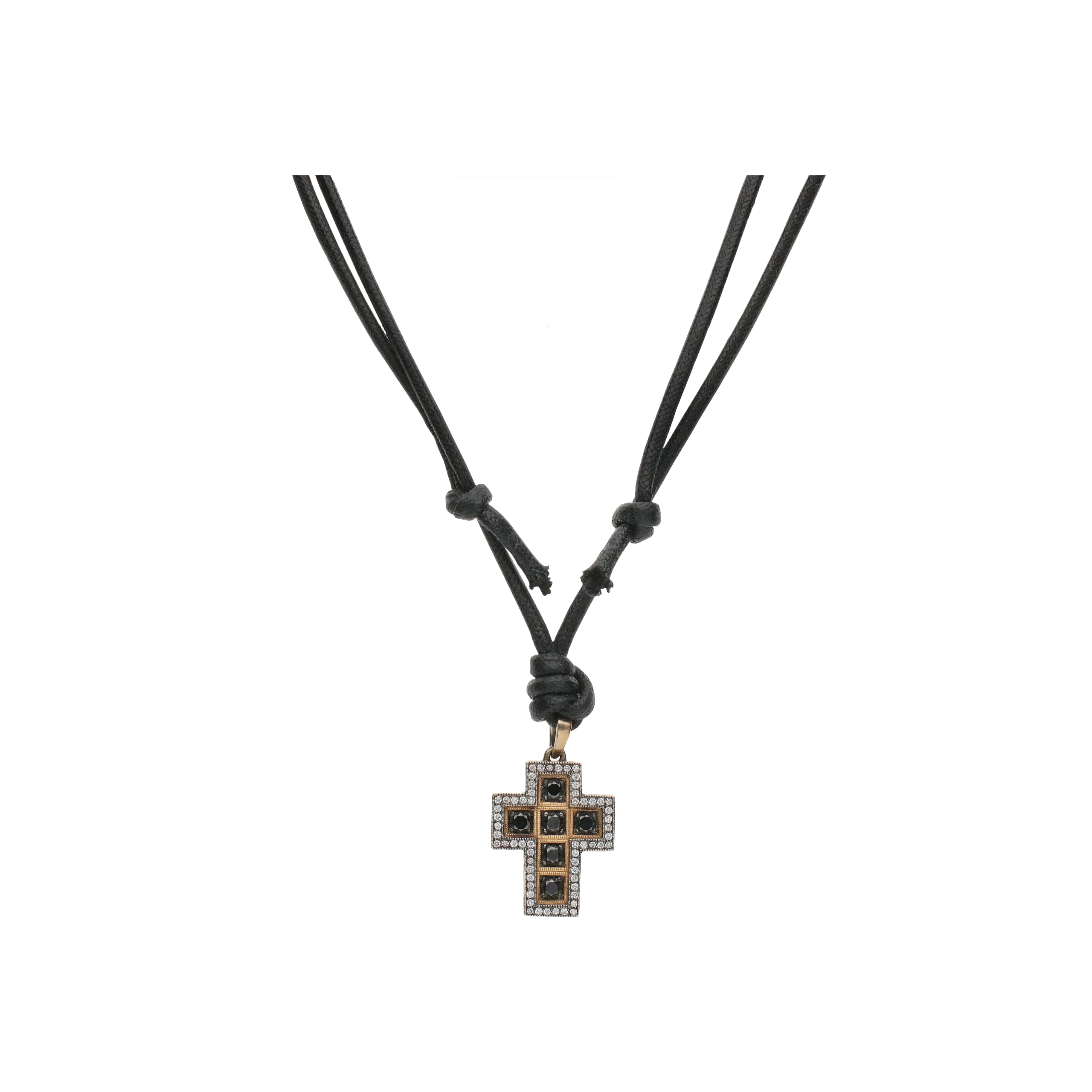 COLLANA CON CORDINO NERO, PENDENTE CROCE IN ORO ROSA E ORO BRUNITO CON DIAMANTI NERI E DIAMANTI BIANCHI - VP26537DDKX