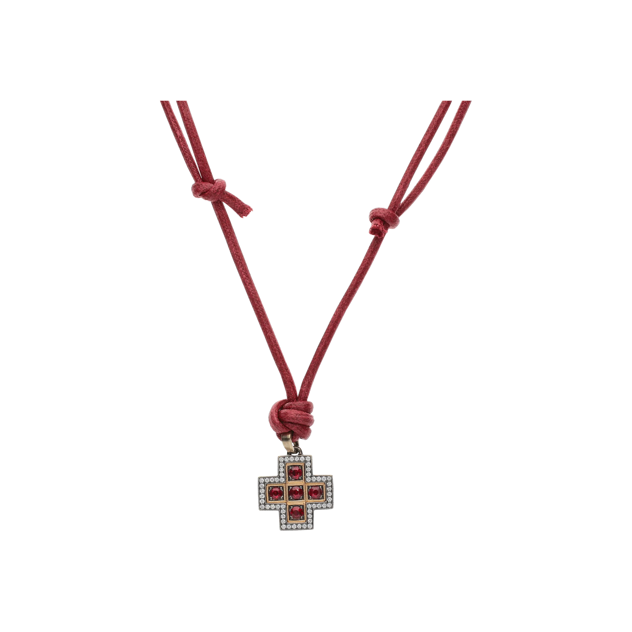 COLLANA CON CORDINO ROSSO E CIONDOLO CROCE QUADRATA IN ORO ROSA, ORO BRUNITO, RUBINI E DIAMANTI - VP27670RUDX