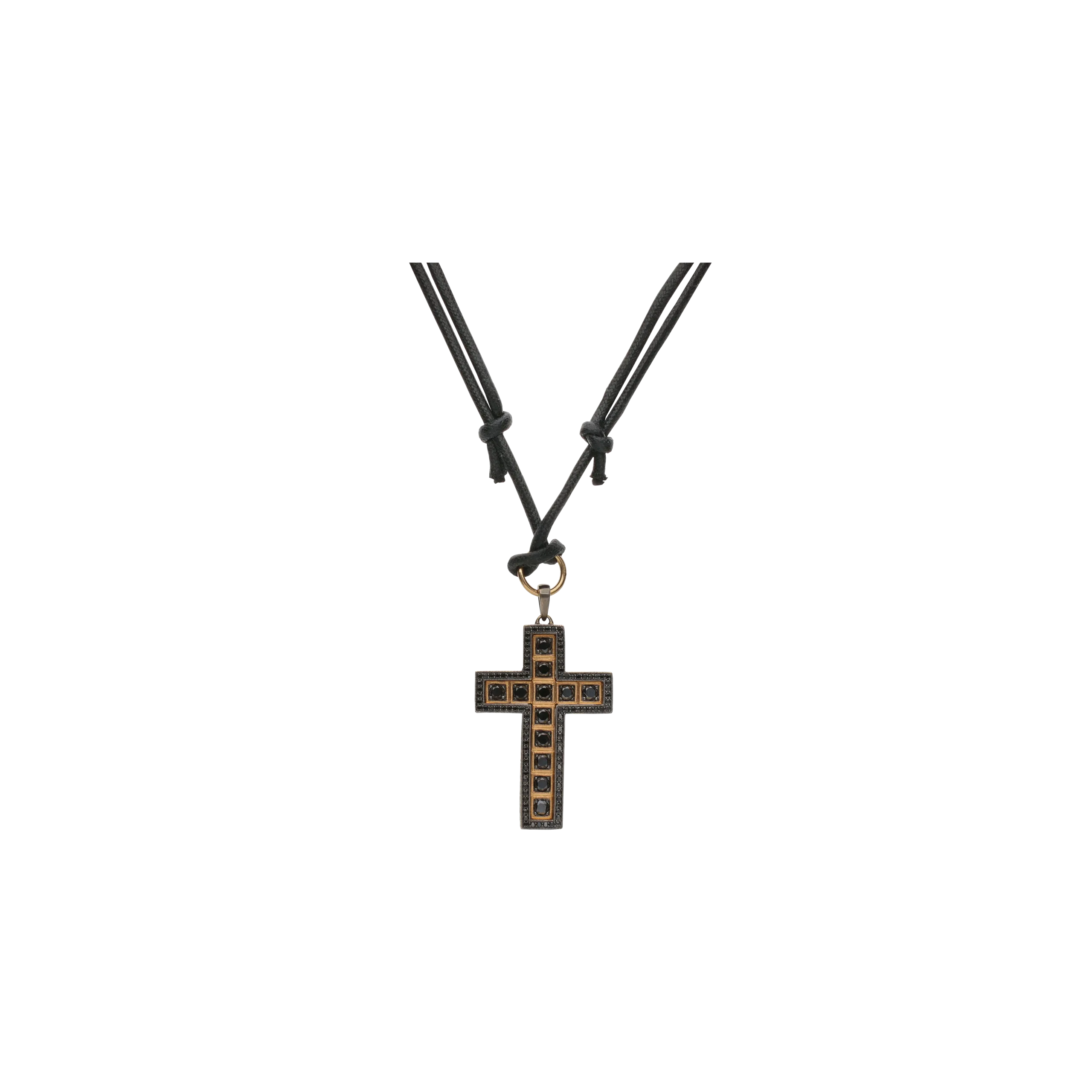 COLLANA CON CORDINO NERO, CIONDOLO CROCE IN ORO ROSA E METALLO CON DIAMANTI NERI - VN27671DKX