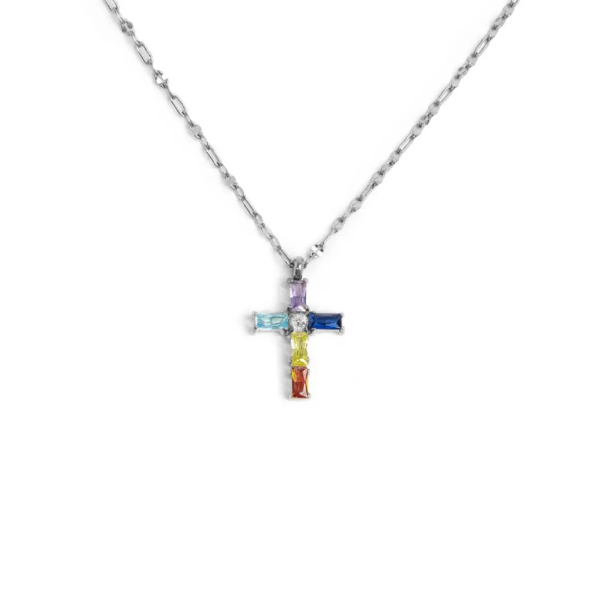 Collana Marlù croce pendente con cristalli baguette rainbow