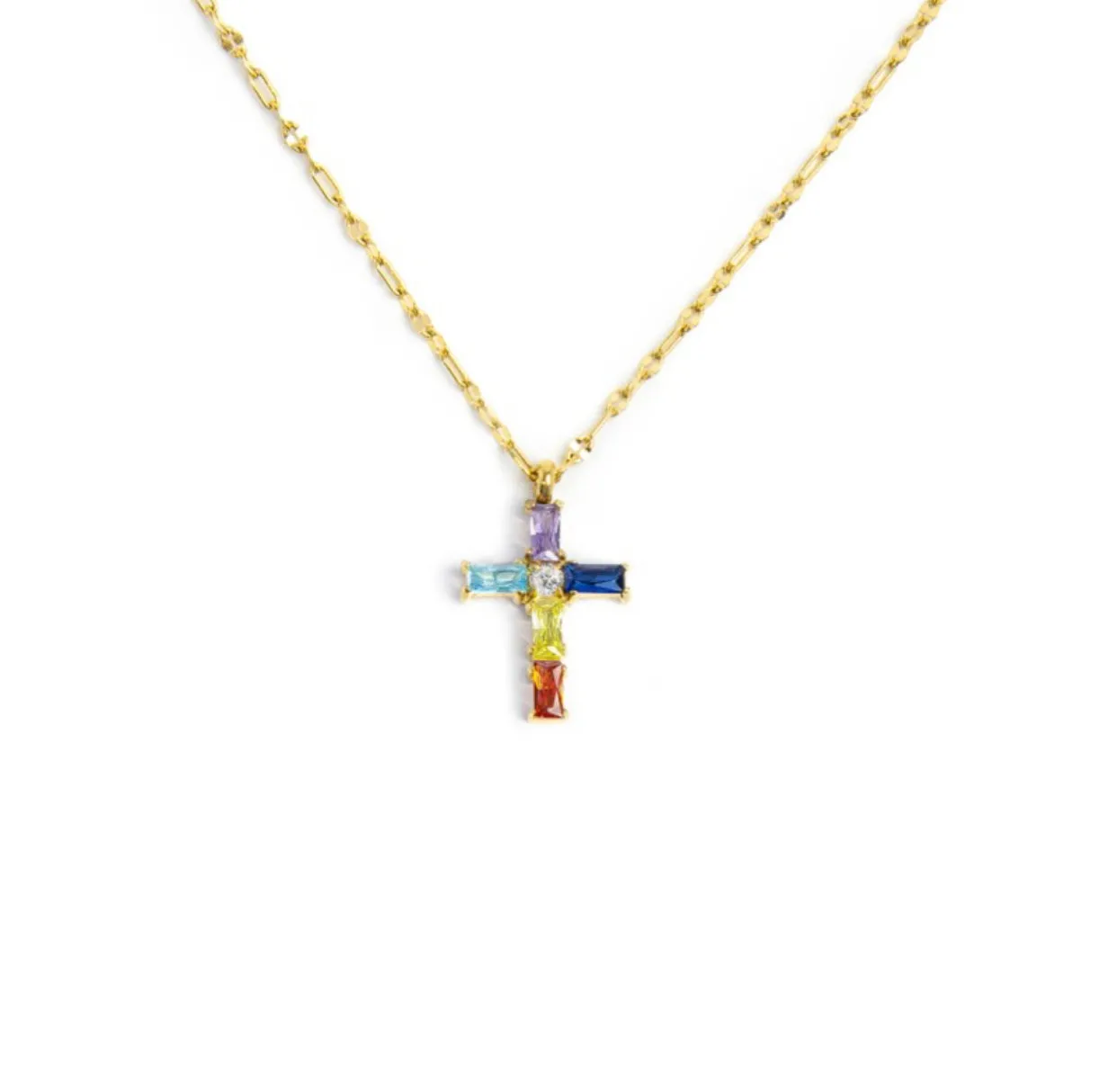 Collana Marlù Collana croce pendente con cristalli baguette gold rainb