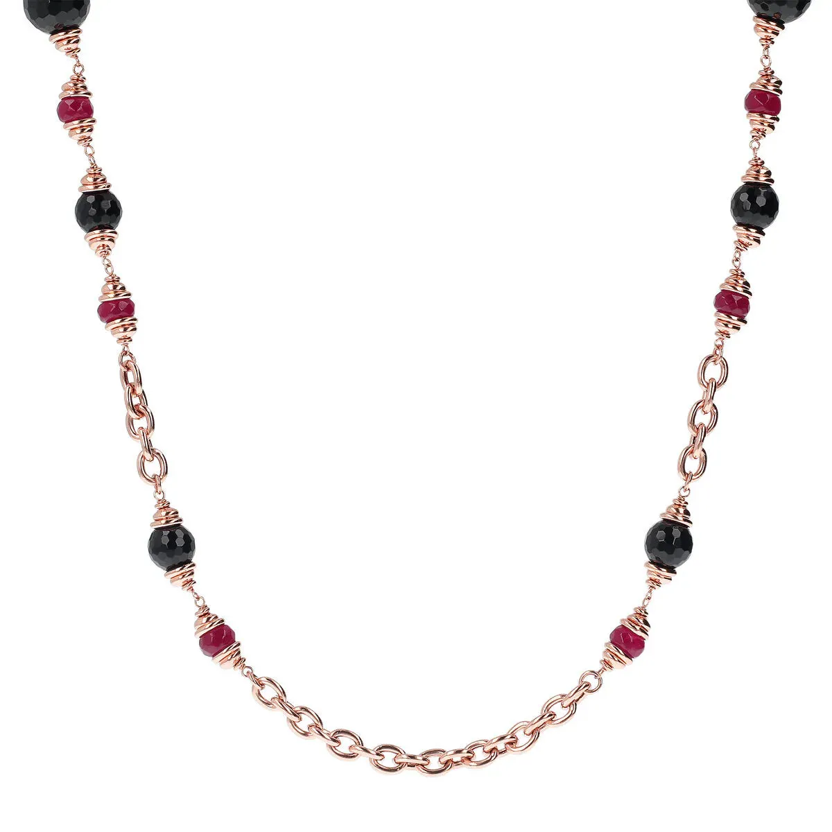 Collana Bronzallure Lunga Catena Rolo con Onice Nero e Quarzo Rosso