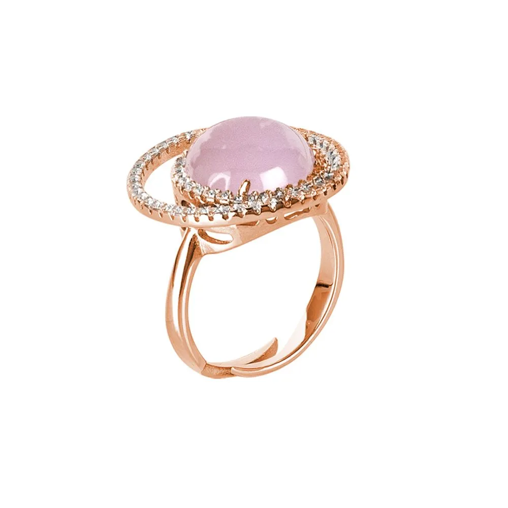 Anello doppia base di zirconi e cabochon rosa chiaro