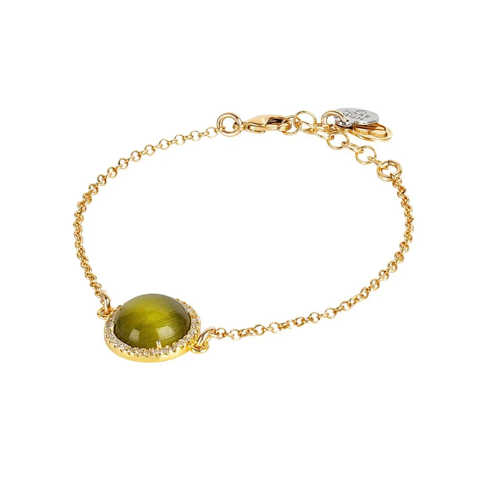 Bracciale con cabochon verde olivina gatteggiante e zirconi
