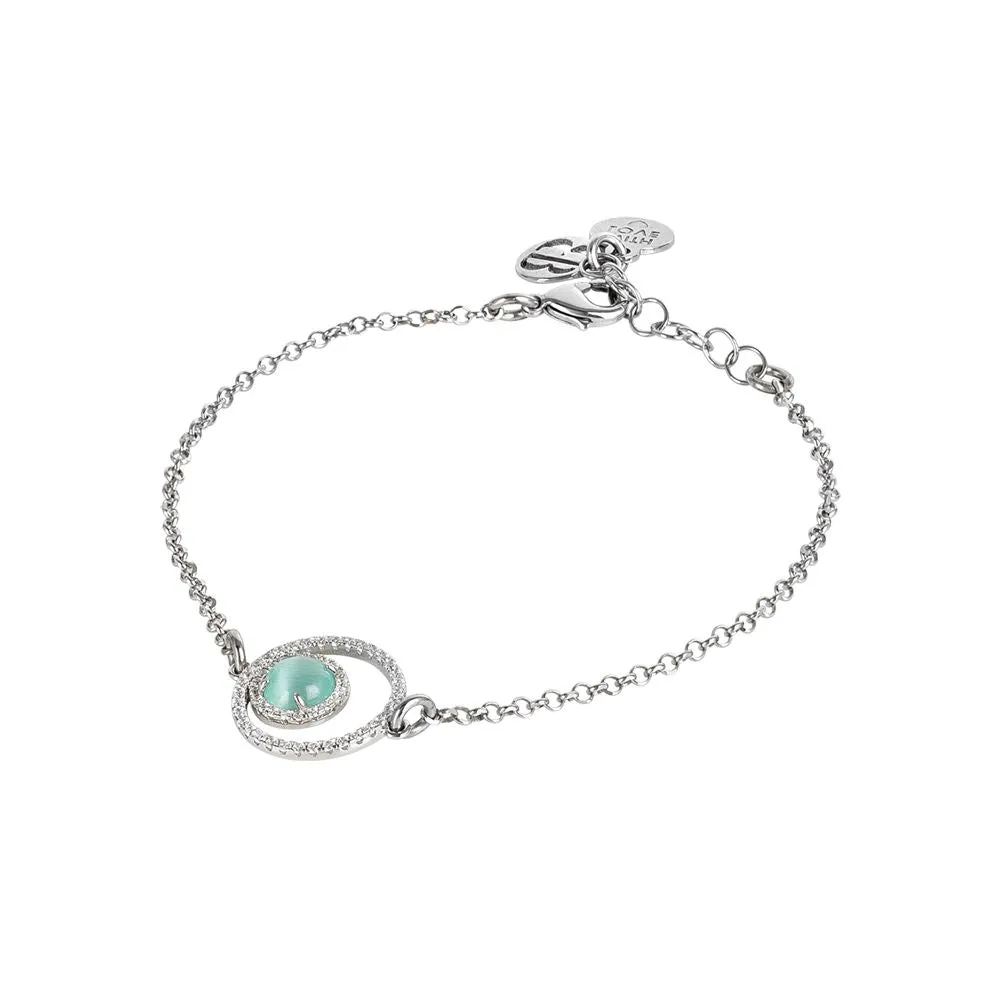 Bracciale con doppia base di zirconi e cabochon verde acqua gatteggiante