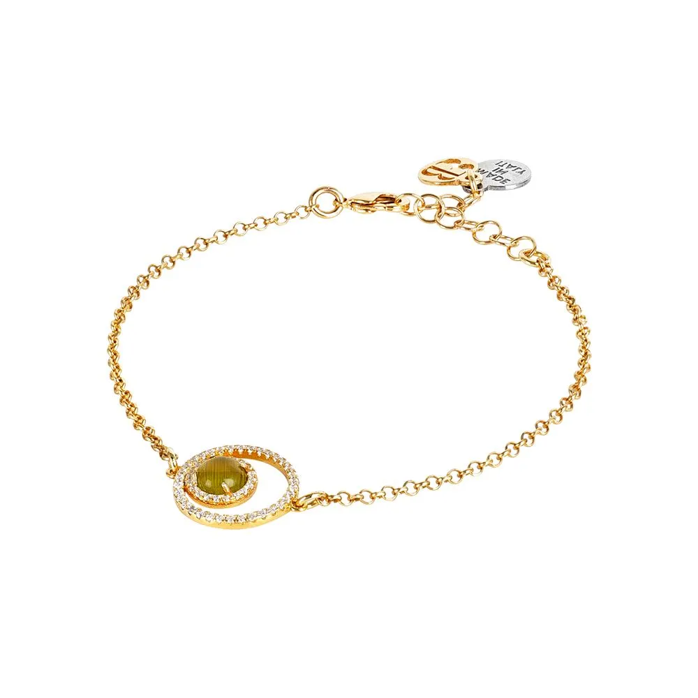 Bracciale con doppia base di zirconi e cabochon verde olivina gatteggiante