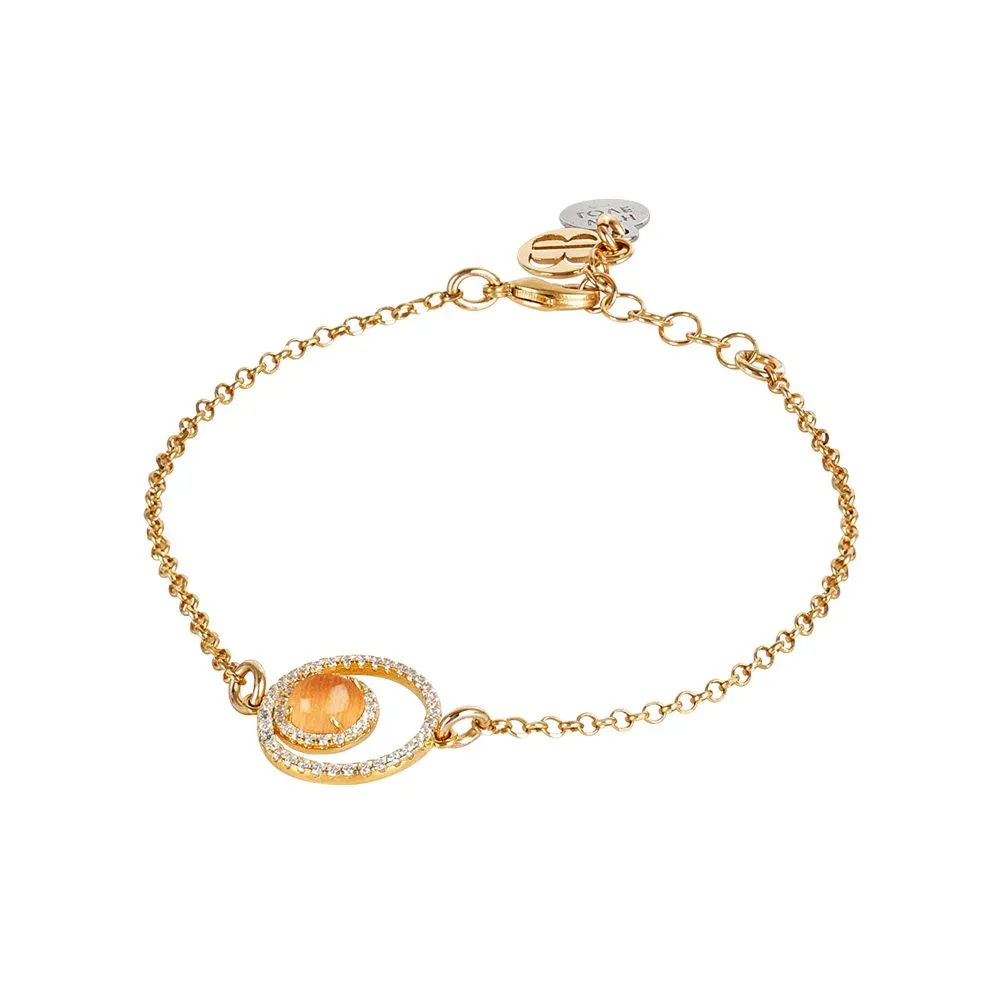 Bracciale con doppia base di zirconi e cabochon arancione gatteggiante