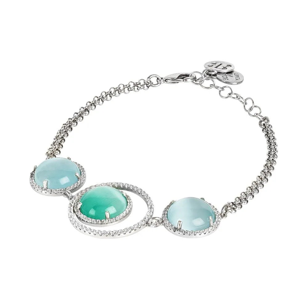 Bracciale con decoro di zirconi e cabochon celeste e verde chiaro gatteggianti