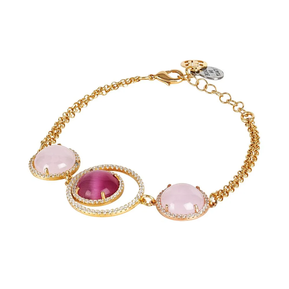 Bracciale con decoro di zirconi e cabochon fucsia e rosa gatteggianti