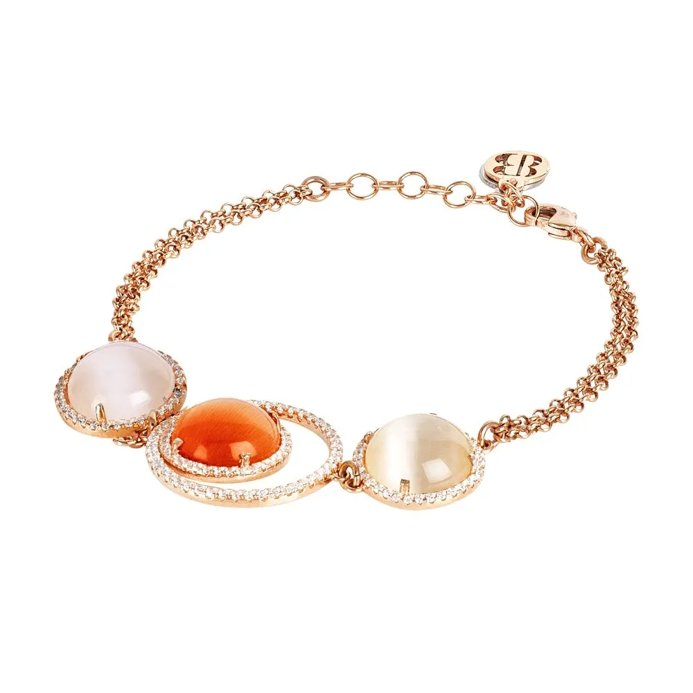 Bracciale con decoro di zirconi e cabochon arancione e beige gatteggianti