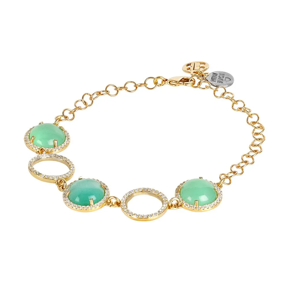 Bracciale con elementi di zirconi e cabochon verde acqua gatteggiante