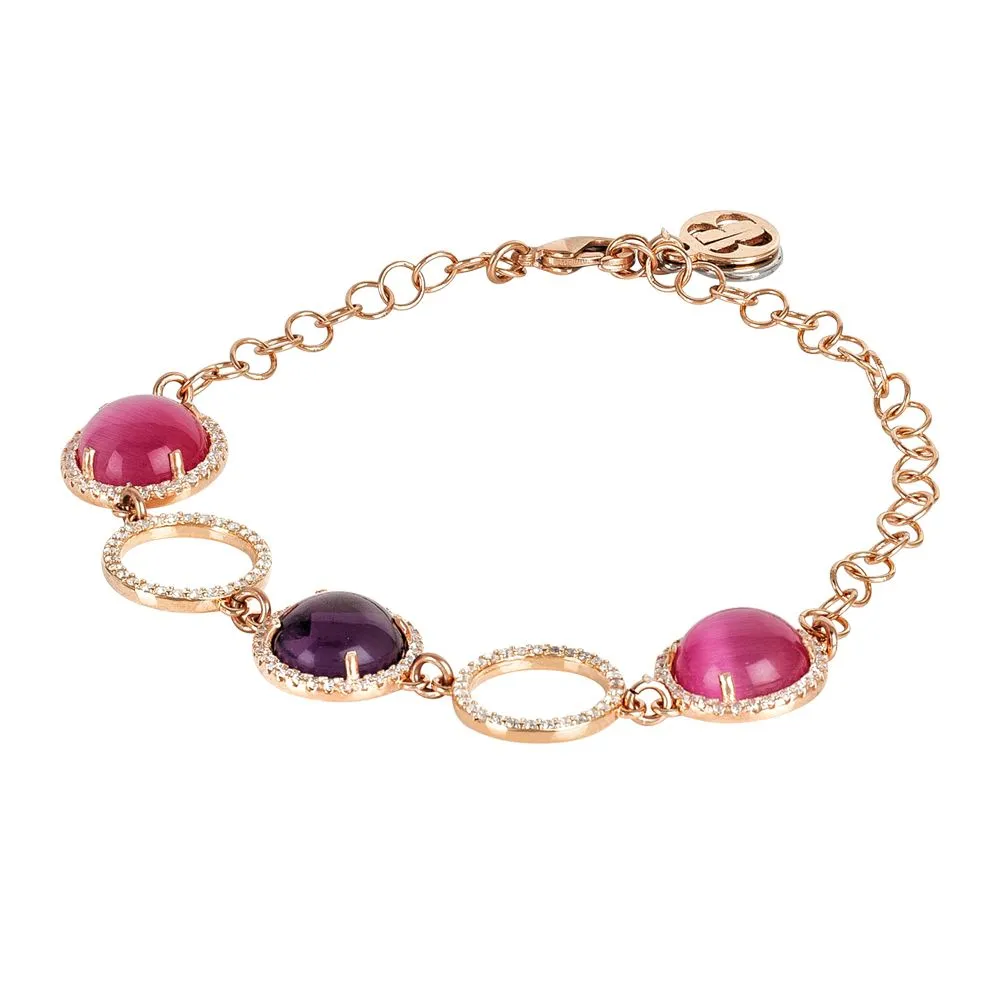 Bracciale con elementi di zirconi e cabochon fucsia e ametista gatteggianti