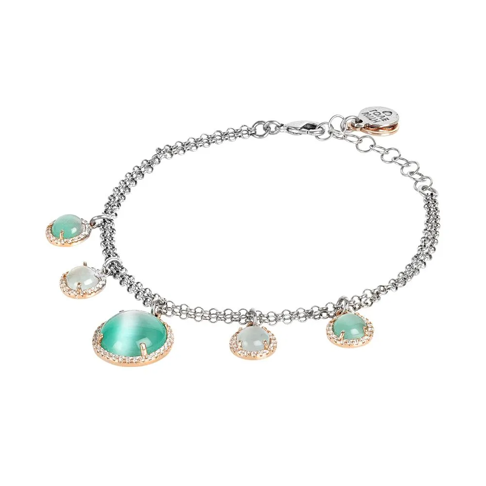 Bracciale doppio filo con cabochon pendenti celeste chiaro e celeste gatteggiante e zirconi