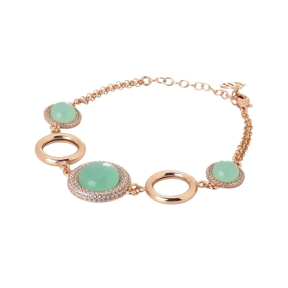 Bracciale con cabochon verde acqua alternati a cerchietti rosati